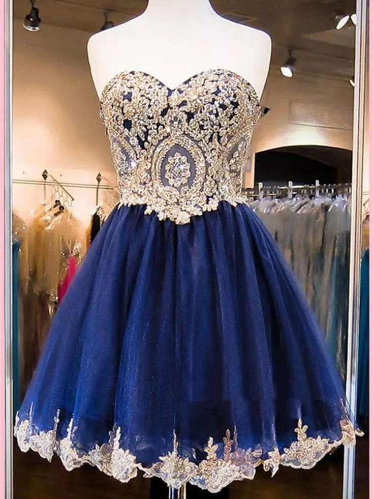 A Line Short Blue Homecoming Dress Lace Graduation Dress with Beaded sold by My Chic Dress