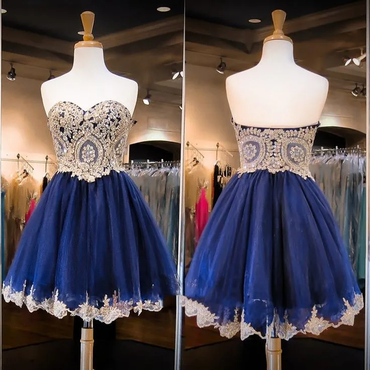 A Line Short Blue Homecoming Dress Lace Graduation Dress with Beaded sold by My Chic Dress product image thumbnail 2