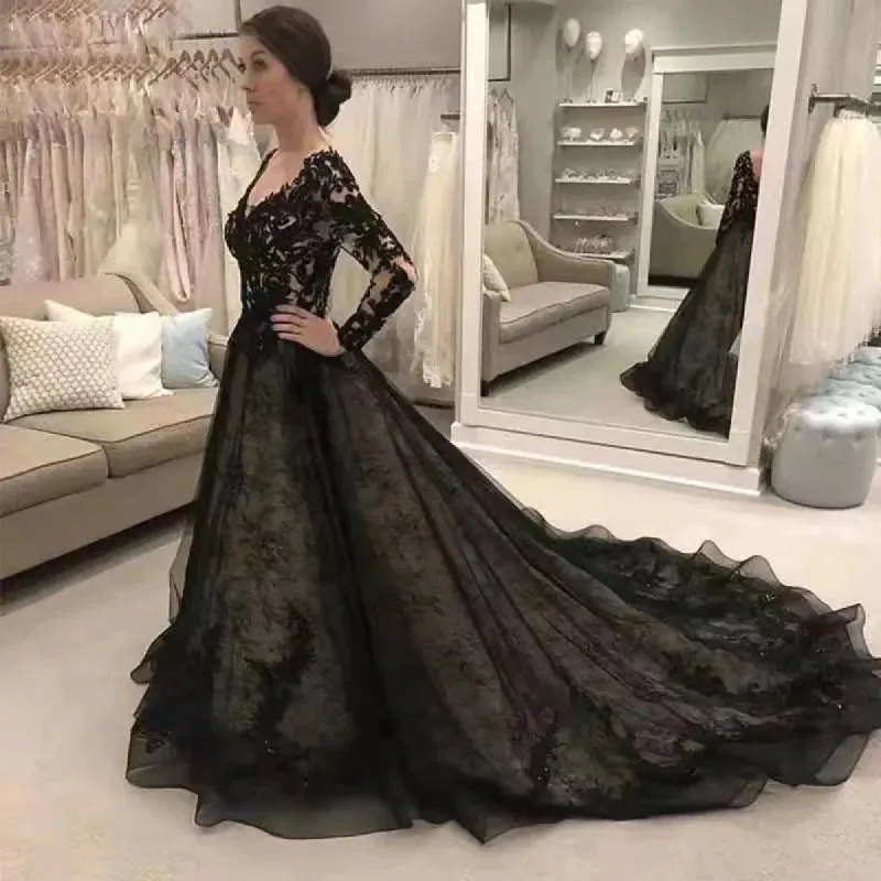 Princess Gothic Black Wedding Dress Lace with Long Sleeves sold by My Chic Dress