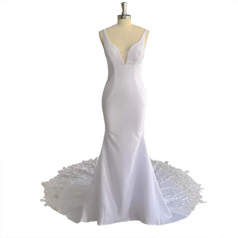 Simple Long Satin Lace Beach Wedding Dress Deep V Neck Sleeveless sold by My Chic Dress product image thumbnail 3