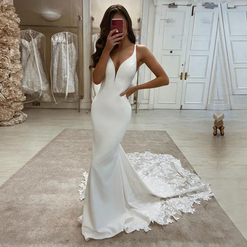 Simple Long Satin Lace Beach Wedding Dress Deep V Neck Sleeveless sold by My Chic Dress