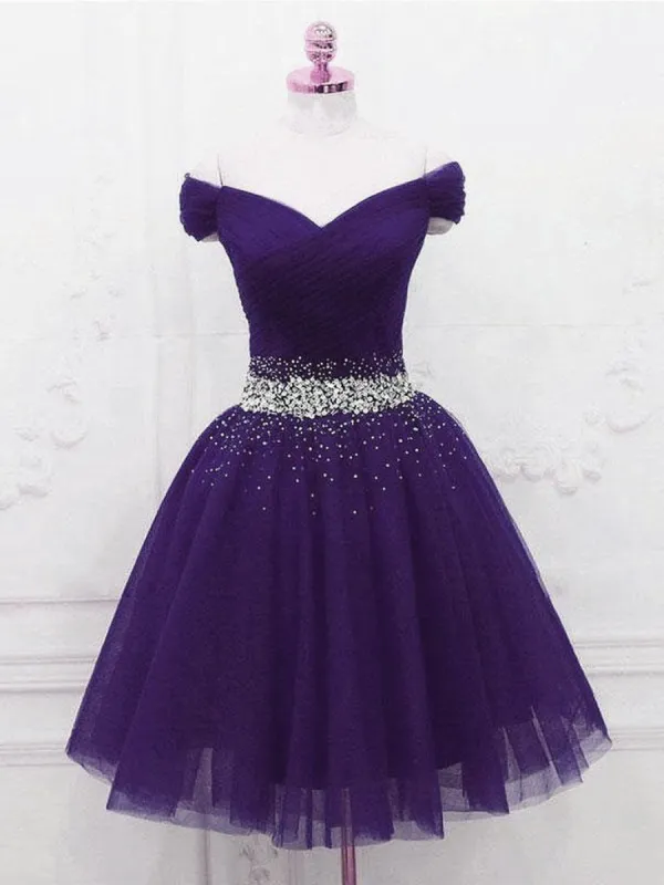 Knee Length Purple Homecoming Dress Beaded Off Shoulder sold by My Chic Dress