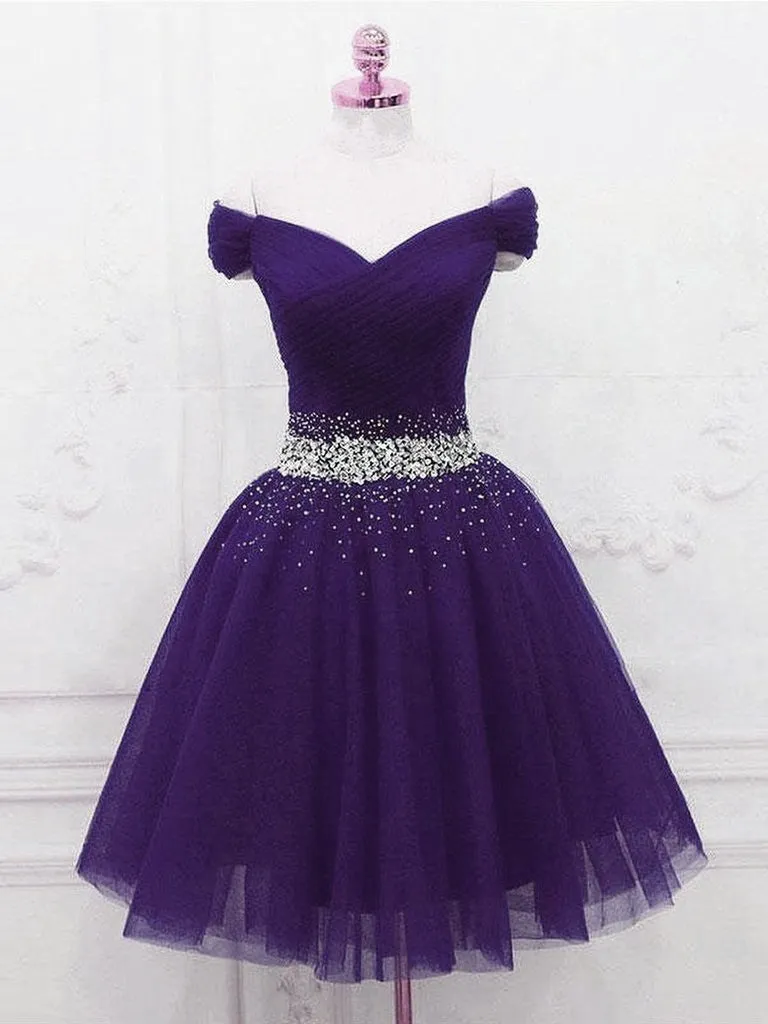 Knee Length Purple Homecoming Dress Beaded Off Shoulder sold by My Chic Dress