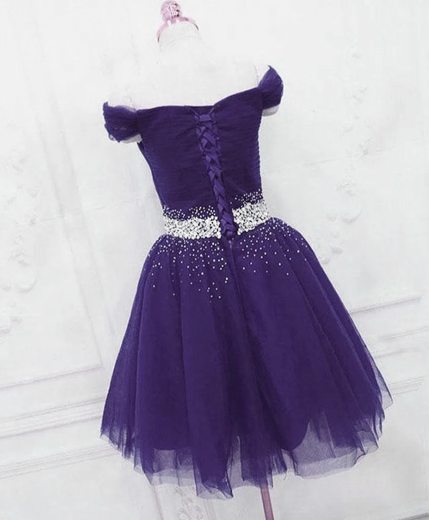 Knee Length Purple Homecoming Dress Beaded Off Shoulder sold by My Chic Dress product image thumbnail 2