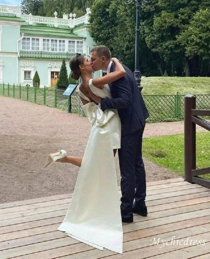 Minimalist Short Wedding Dress Satin V-Neck With Bow Back sold by My Chic Dress product image thumbnail 3