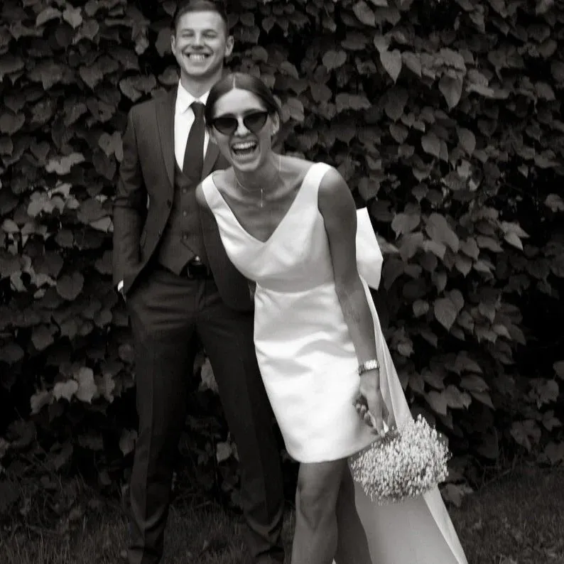 Minimalist Short Wedding Dress Satin V-Neck With Bow Back sold by My Chic Dress product image thumbnail 2