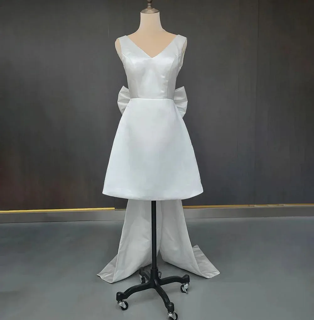 Minimalist Short Wedding Dress Satin V-Neck With Bow Back sold by My Chic Dress product image thumbnail 4