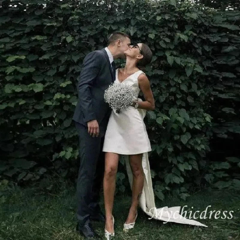 Minimalist Short Wedding Dress Satin V-Neck With Bow Back sold by My Chic Dress