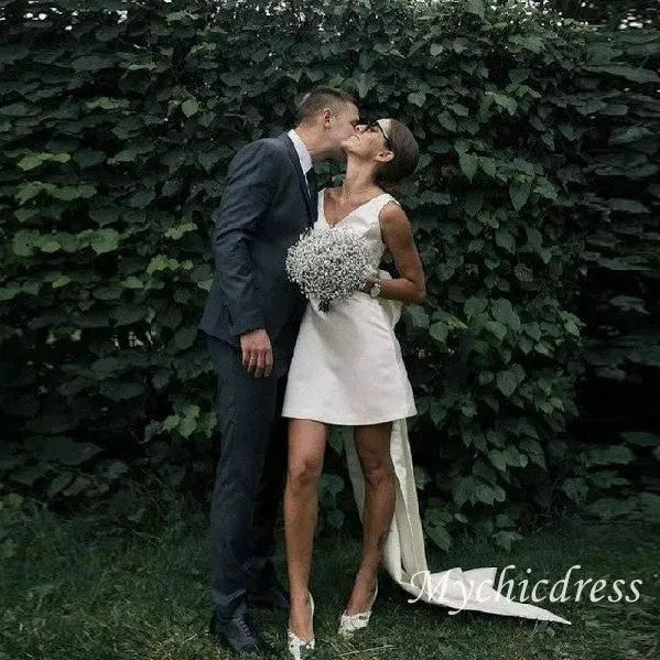 Minimalist Short Wedding Dress Satin V-Neck With Bow Back sold by My Chic Dress