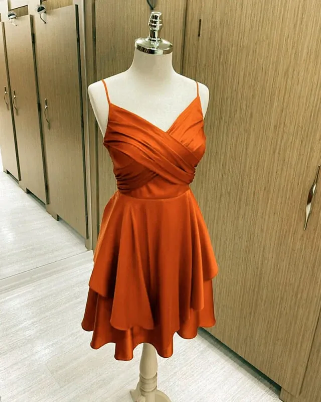 Simple Satin Short Homecoming Dress Burnt Orange V-neck Semi Formal Dress sold by My Chic Dress