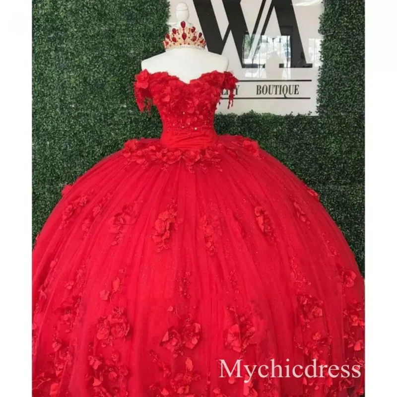 New Red Quinceanera 15 Dresses Beaded Off the Shoulder with 3D Flowers sold by My Chic Dress