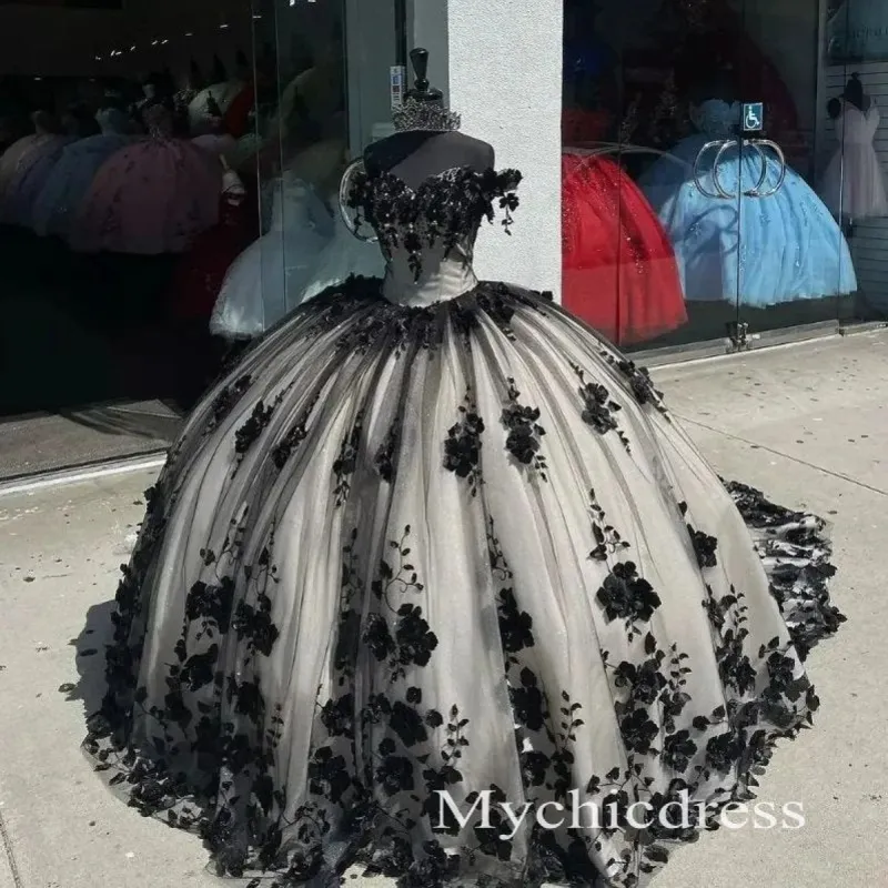 Vintage Black Quicneanera Dress with flowers 3D Puffy Sweet 16 Party Dress sold by My Chic Dress