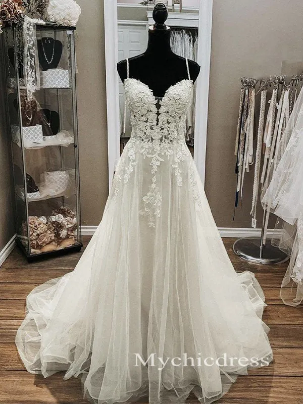 A-Line Lace Beach Wedding Dresses Sleeveless V-neck Tulle Applique sold by My Chic Dress