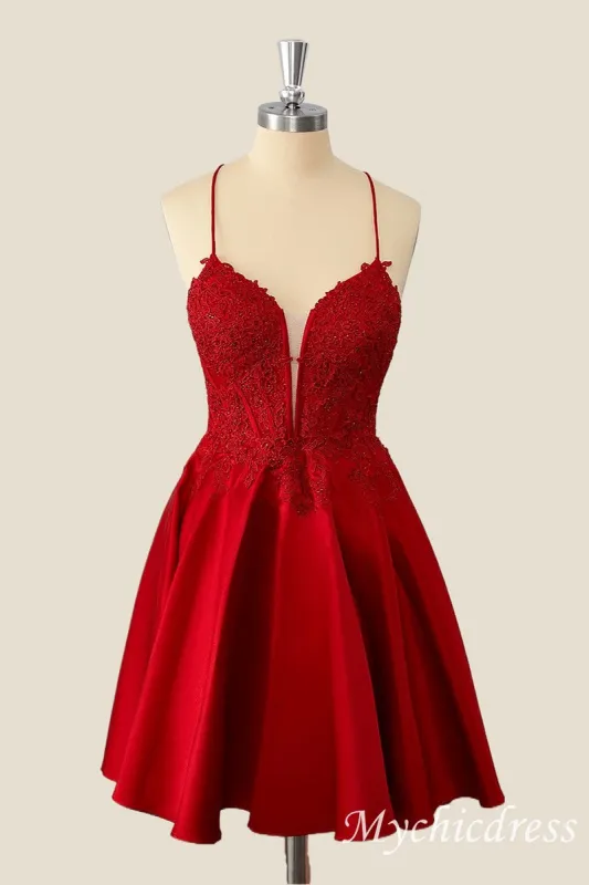 Red Short A-Line 2025 Homecoming Dress Lace Satin Appliques sold by My Chic Dress