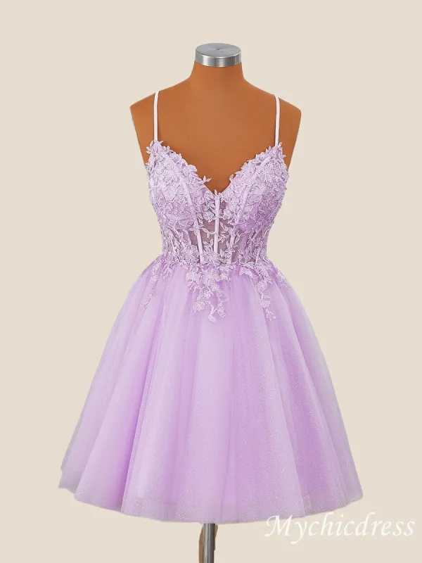 A-Line Short Lilac Homecoming Dress Straps with Appliques sold by My Chic Dress