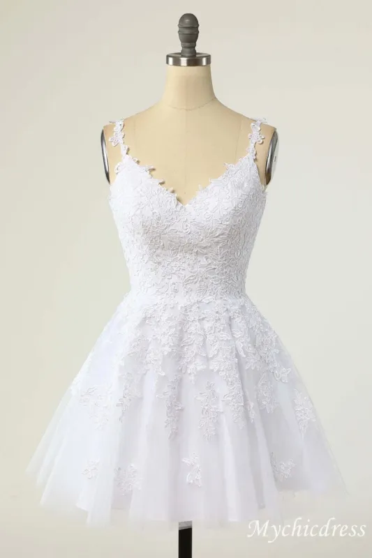 A-Line White Short 2025 Graduation Dresses Lace Homecoming Dress sold by My Chic Dress