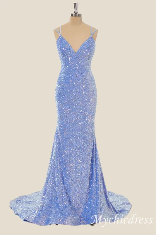 Long Sequin Blue Formal Guest Dresses V Neck Mermaid sold by My Chic Dress