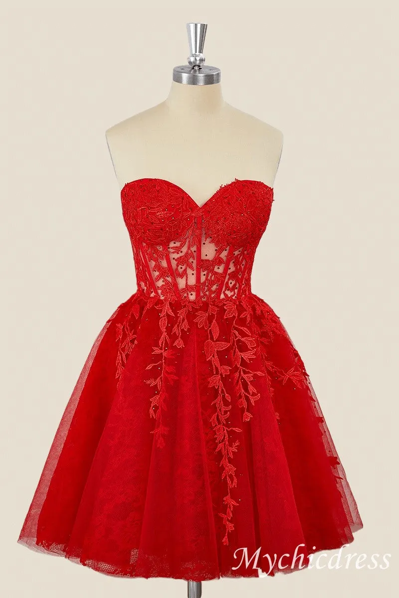 A-Line Red Homecoming Dresses Lace Appliques Short Dama Dress sold by My Chic Dress
