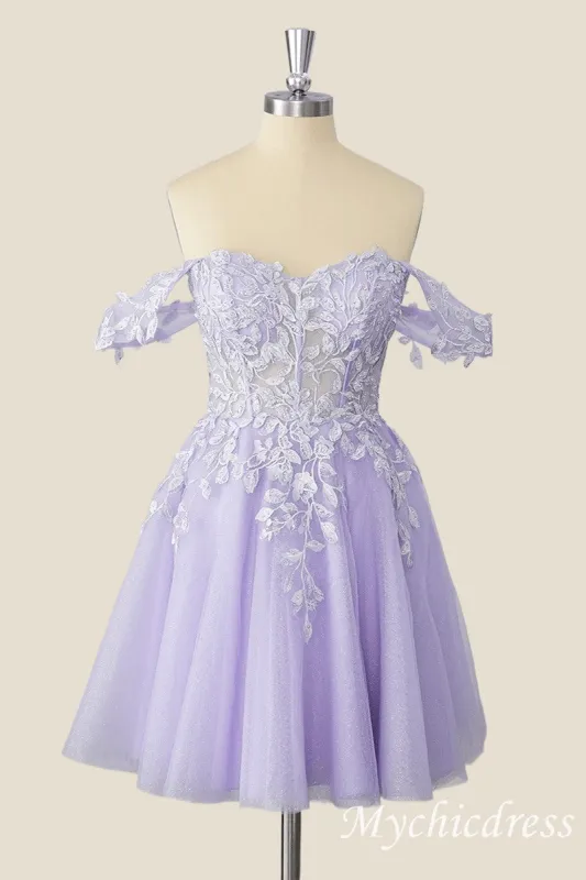 Off The Shoulder Lace Short 2025 Homecoming Dress Lavender Dama Dress sold by My Chic Dress