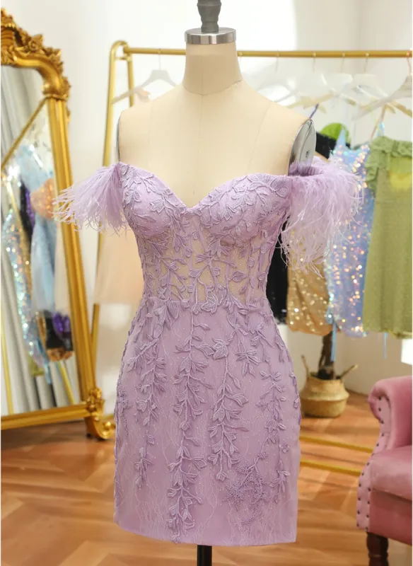 Cheap Sweetheart Short Lavender 2025 Homecoming Dressa Lace Feathers sold by My Chic Dress