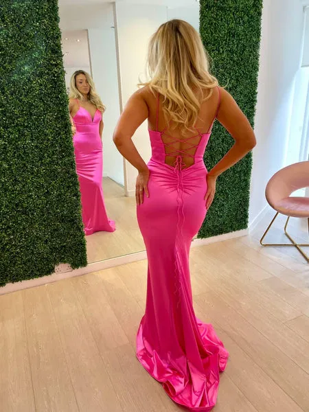 Simple V Neck Mermaid Hot Pink Formal Dresses for Wedding Guests sold by My Chic Dress product image thumbnail 2