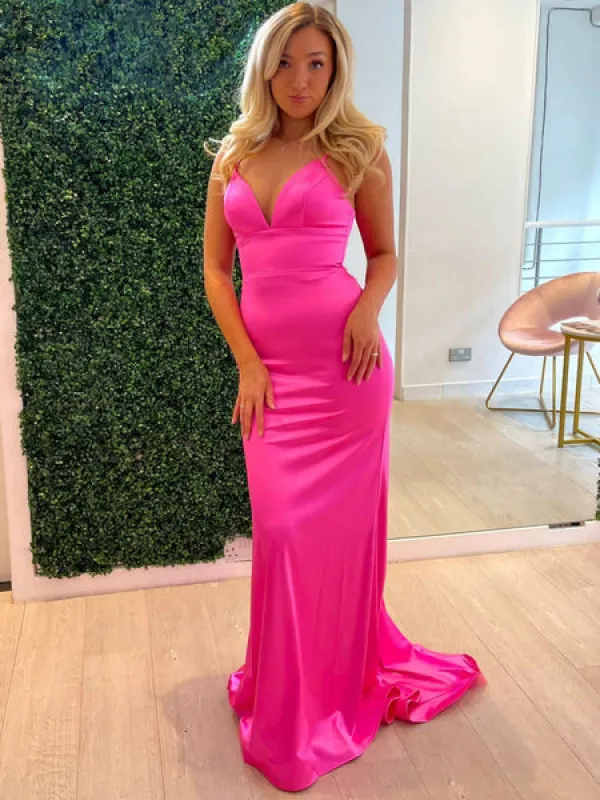 Simple V Neck Mermaid Hot Pink Formal Dresses for Wedding Guests sold by My Chic Dress