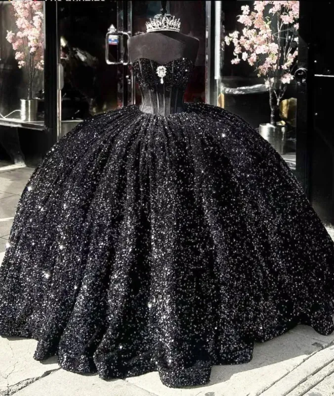 Sparkly Black Sequin Quinceanera 15 Dresses Beaded Strapless with Bow sold by My Chic Dress