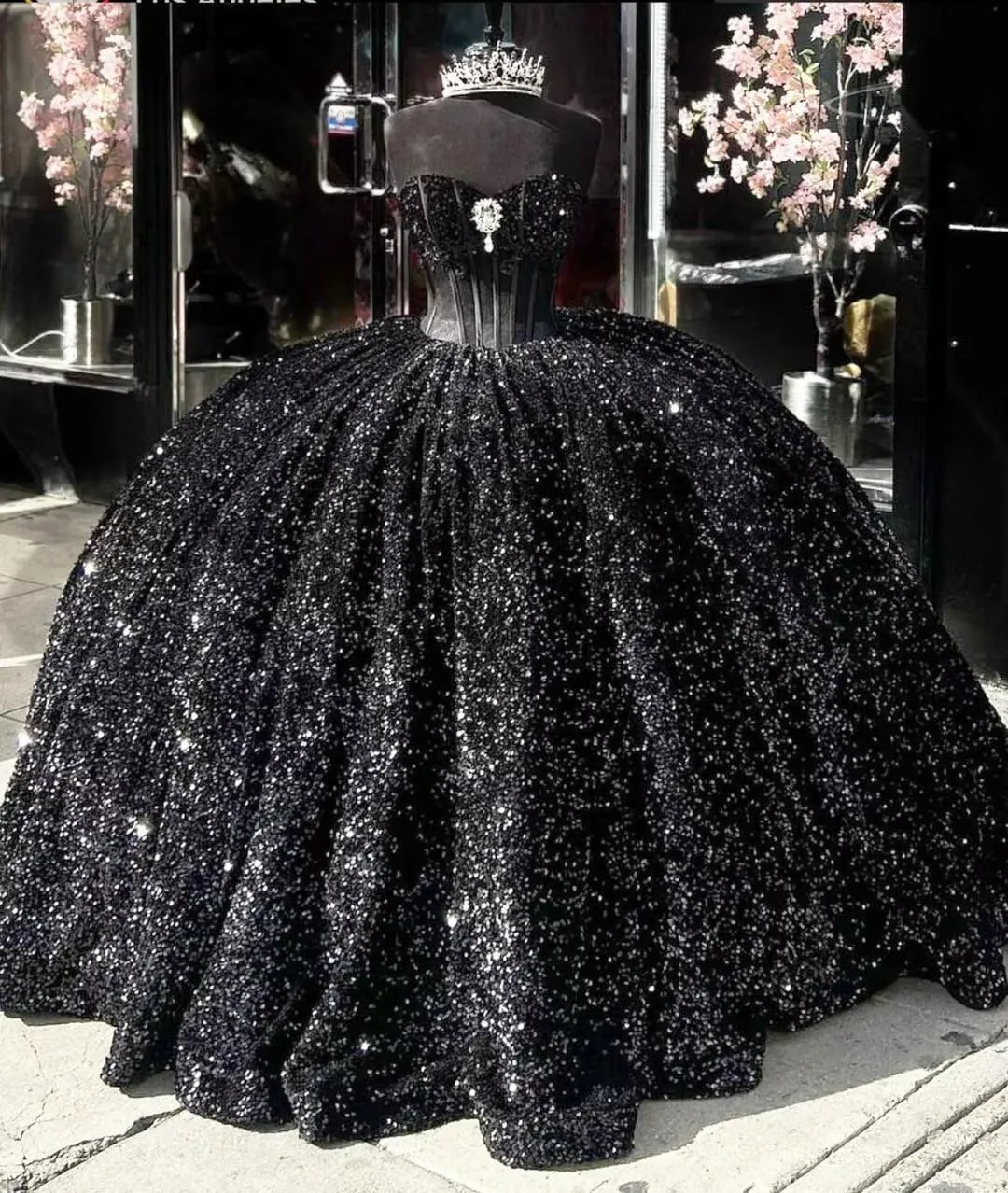 Sparkly Black Sequin Quinceanera 15 Dresses Beaded Strapless with Bow sold by My Chic Dress