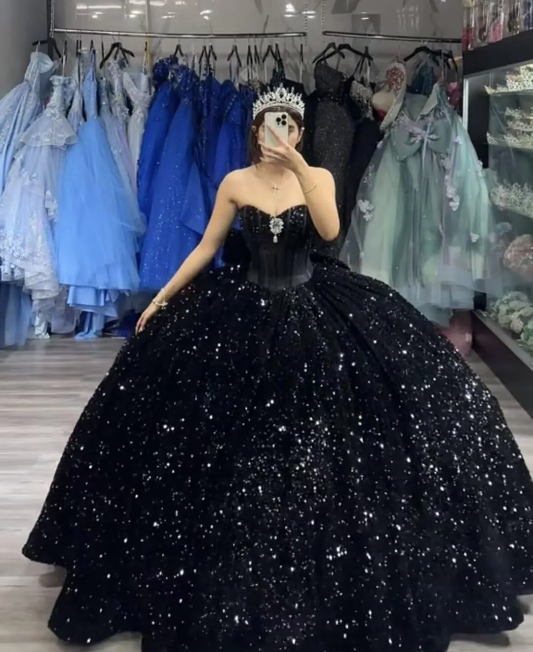 Sparkly Black Sequin Quinceanera 15 Dresses Beaded Strapless with Bow sold by My Chic Dress product image thumbnail 3