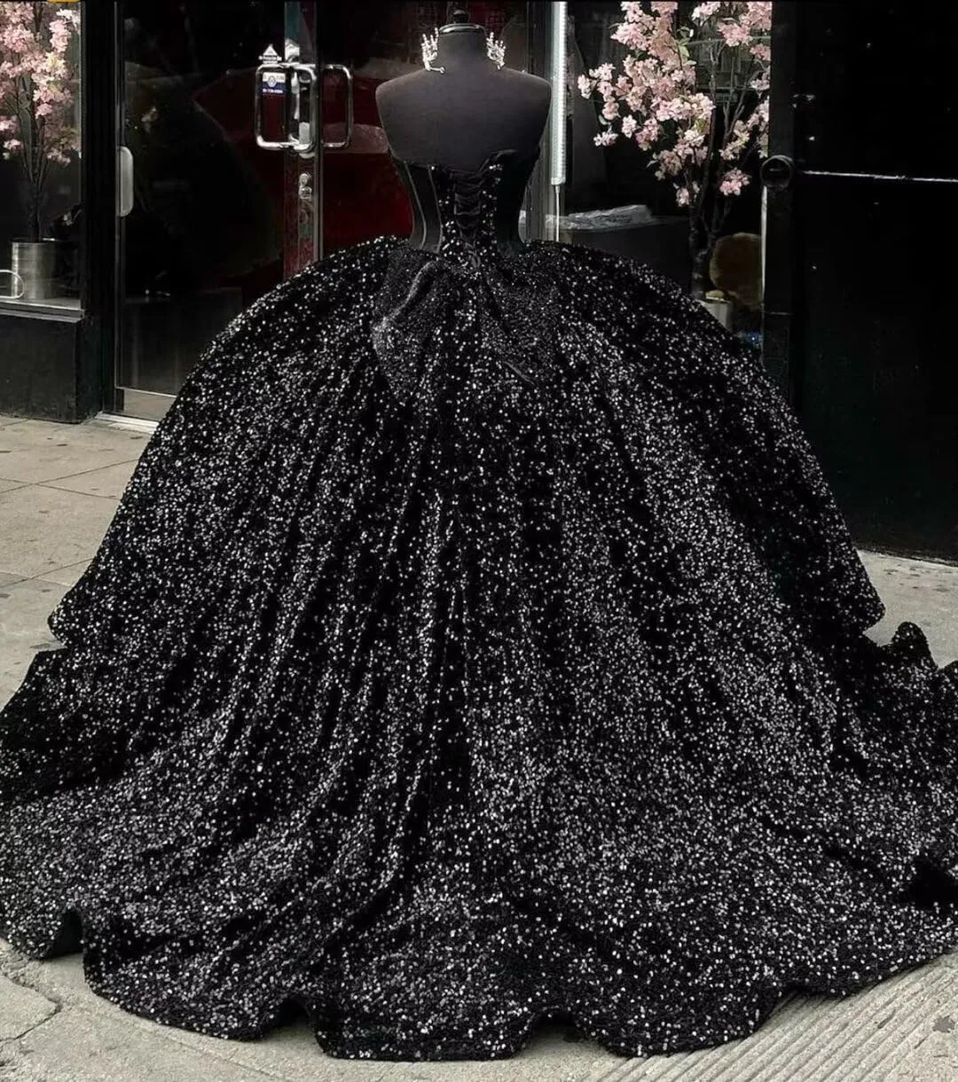 Sparkly Black Sequin Quinceanera 15 Dresses Beaded Strapless with Bow sold by My Chic Dress product image thumbnail 2