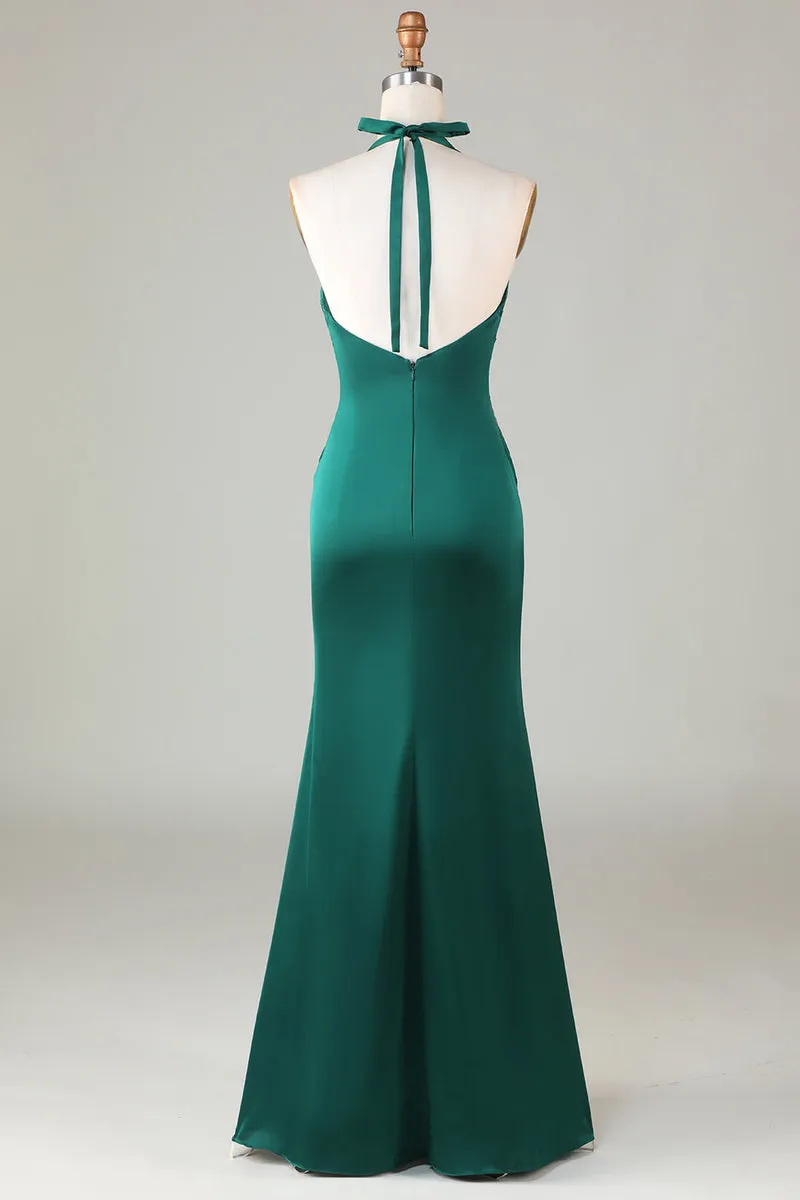 Halter Emerald Green Wedding Guest Dresses Ruched Mermaid Formal Dress sold by My Chic Dress product image thumbnail 2