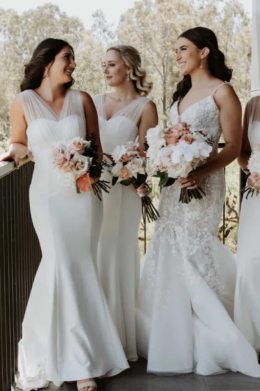 Long Tulle V-Neck Mermaid Boho White Bridesmaid Dresses sold by My Chic Dress