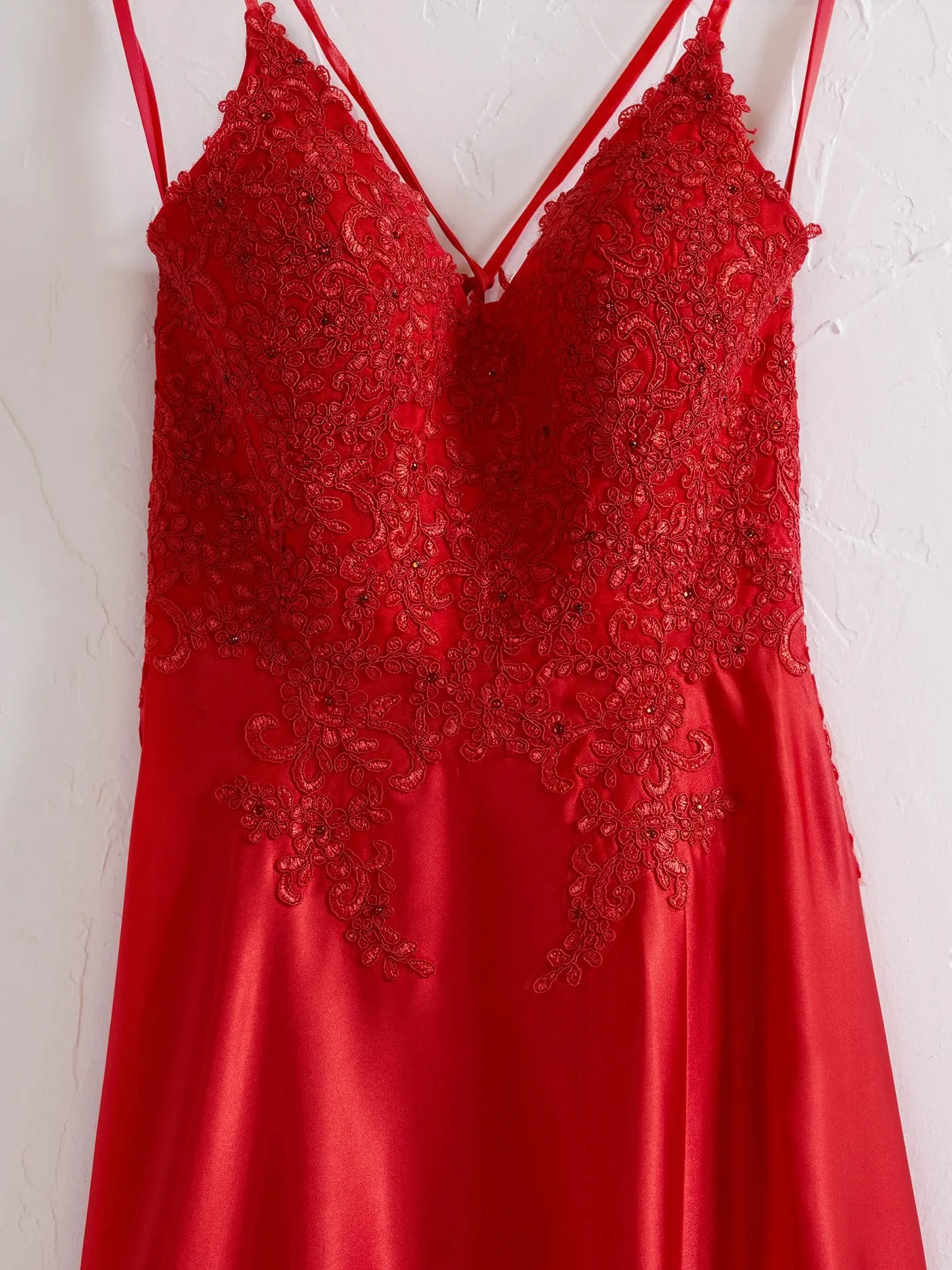 A-line Red Lace Applique Formal Dress Spaghetti Straps Corset Back sold by My Chic Dress product image thumbnail 4