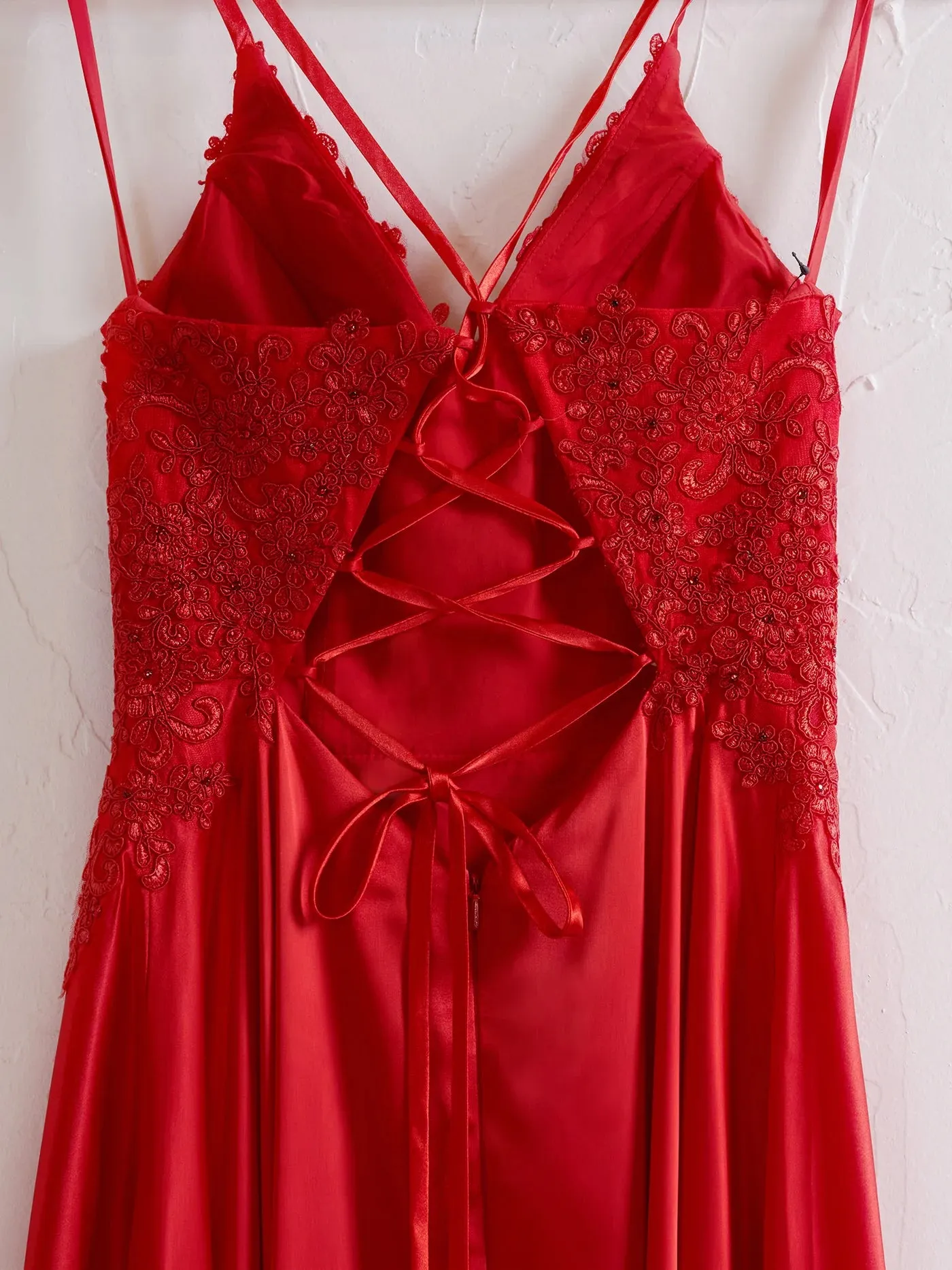 A-line Red Lace Applique Formal Dress Spaghetti Straps Corset Back sold by My Chic Dress product image thumbnail 3