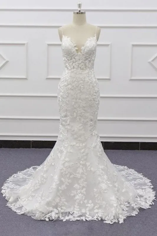 Long Mermaid Lace Beach Wedding Dress Appliques Spaghetti Strap sold by My Chic Dress