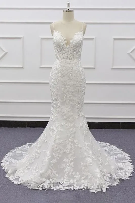 Long Mermaid Lace Beach Wedding Dress Appliques Spaghetti Strap sold by My Chic Dress