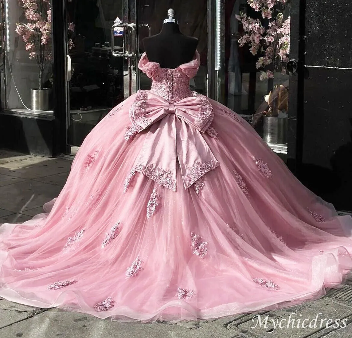 Glitter Ball Gown Vintage Pink Quinceanera Dresses Lace Off the Shoulder with Bow sold by My Chic Dress product image thumbnail 2