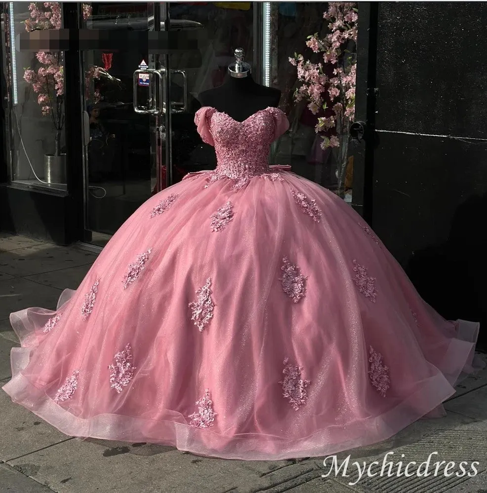 Glitter Ball Gown Vintage Pink Quinceanera Dresses Lace Off the Shoulder with Bow sold by My Chic Dress
