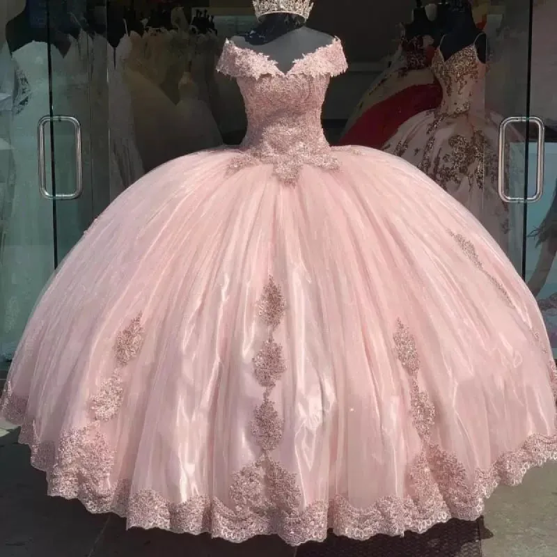 Princess Lace Applique Pink 15 Party Quinceanera Dresses Vintage Off-Shoulder sold by My Chic Dress