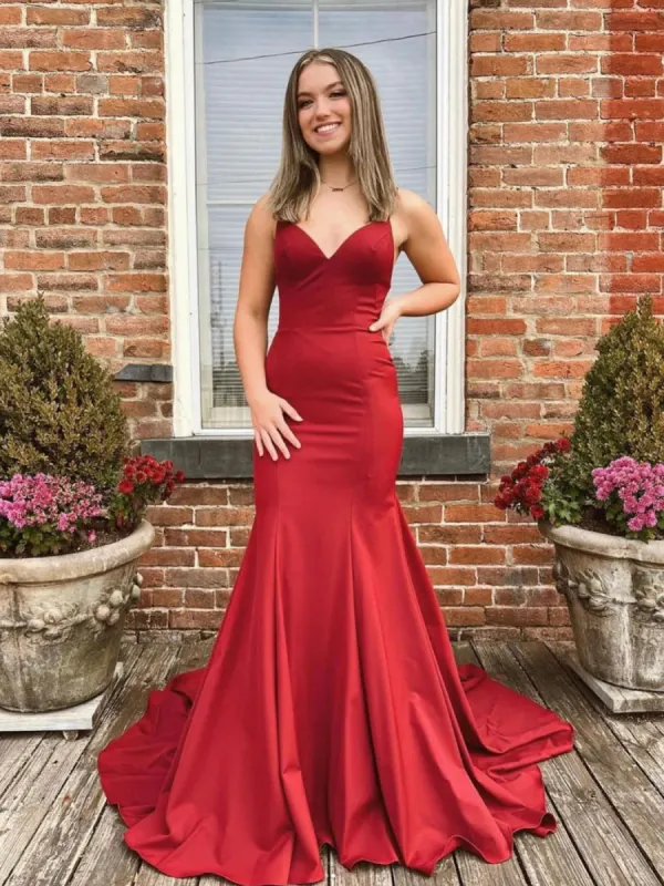 Simple Long V Neck Mermaid Red Formal Dress for Wedding Guests sold by My Chic Dress