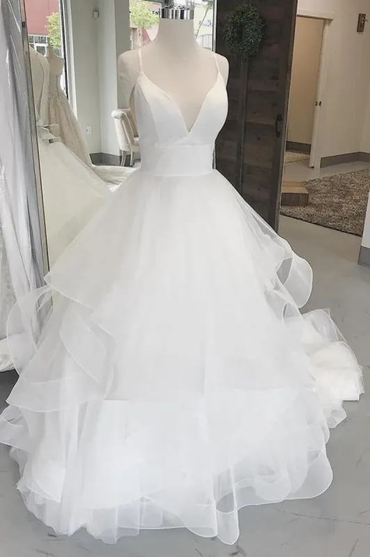 A-line Ruffles Tulle Beach Wedding Dresses Long V-Neck Straps Sleeveless sold by My Chic Dress