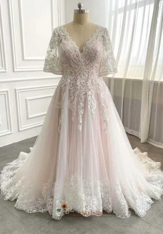 Half Sleeves Pink Plus Size Lace Wedding Dresses V Neck sold by My Chic Dress