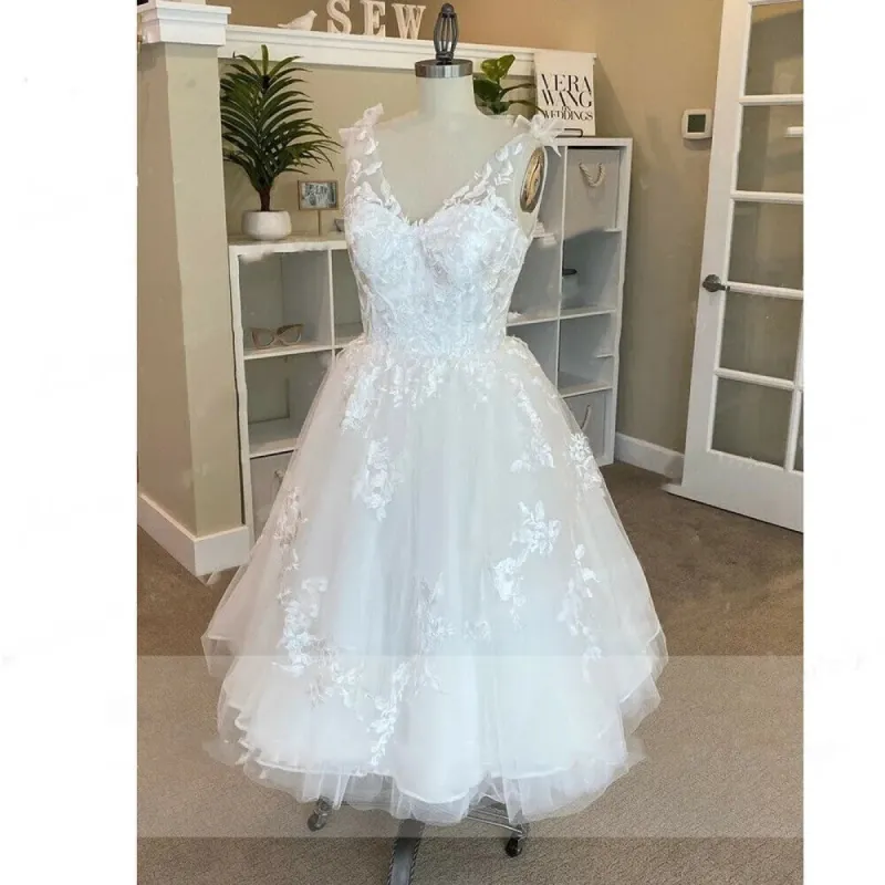 A Line Lace Appliques Short Wedding Dresses V Neck Backless sold by My Chic Dress