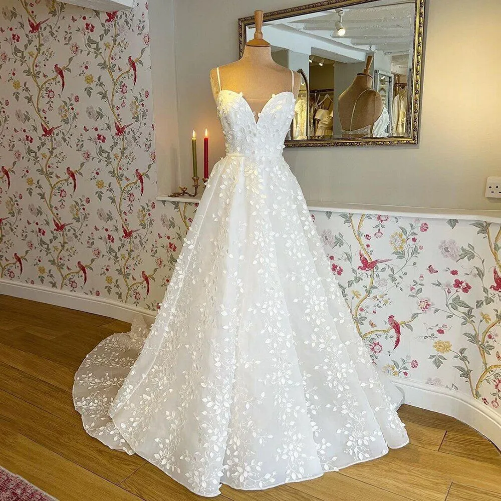 A-line Beach Lace Wedding Gown Spaghetti Straps V Neck sold by My Chic Dress