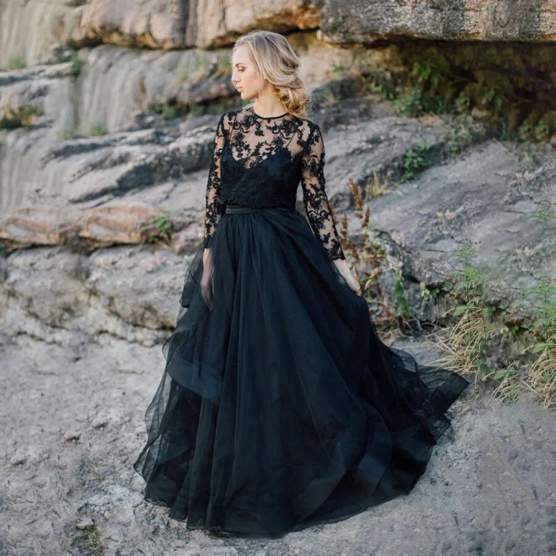 Black Lace Tulle Gothic Wedding Dresses Plus Size with Sleeves sold by My Chic Dress