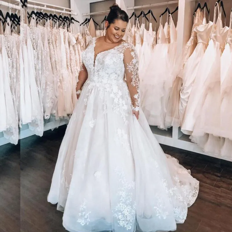 Long Sleeve Beach Plus Size Wedding Dresses Lace V Neck Appliques sold by My Chic Dress