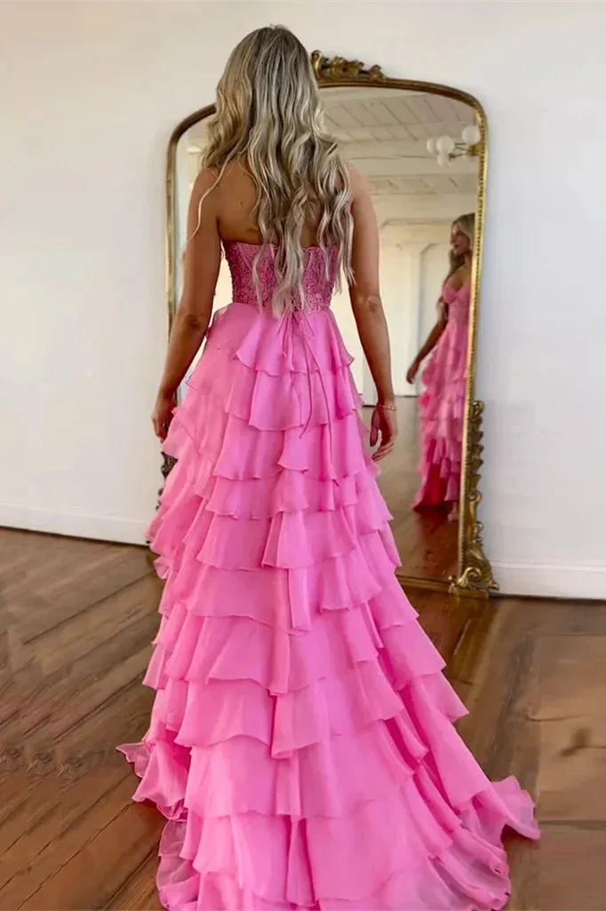 Long Tiered Pink Formal Dresses Corset Lace Prom Dress A-Line sold by My Chic Dress product image thumbnail 2