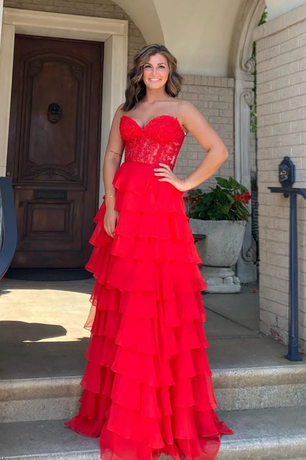 Long Tiered Pink Formal Dresses Corset Lace Prom Dress A-Line sold by My Chic Dress product image thumbnail 3