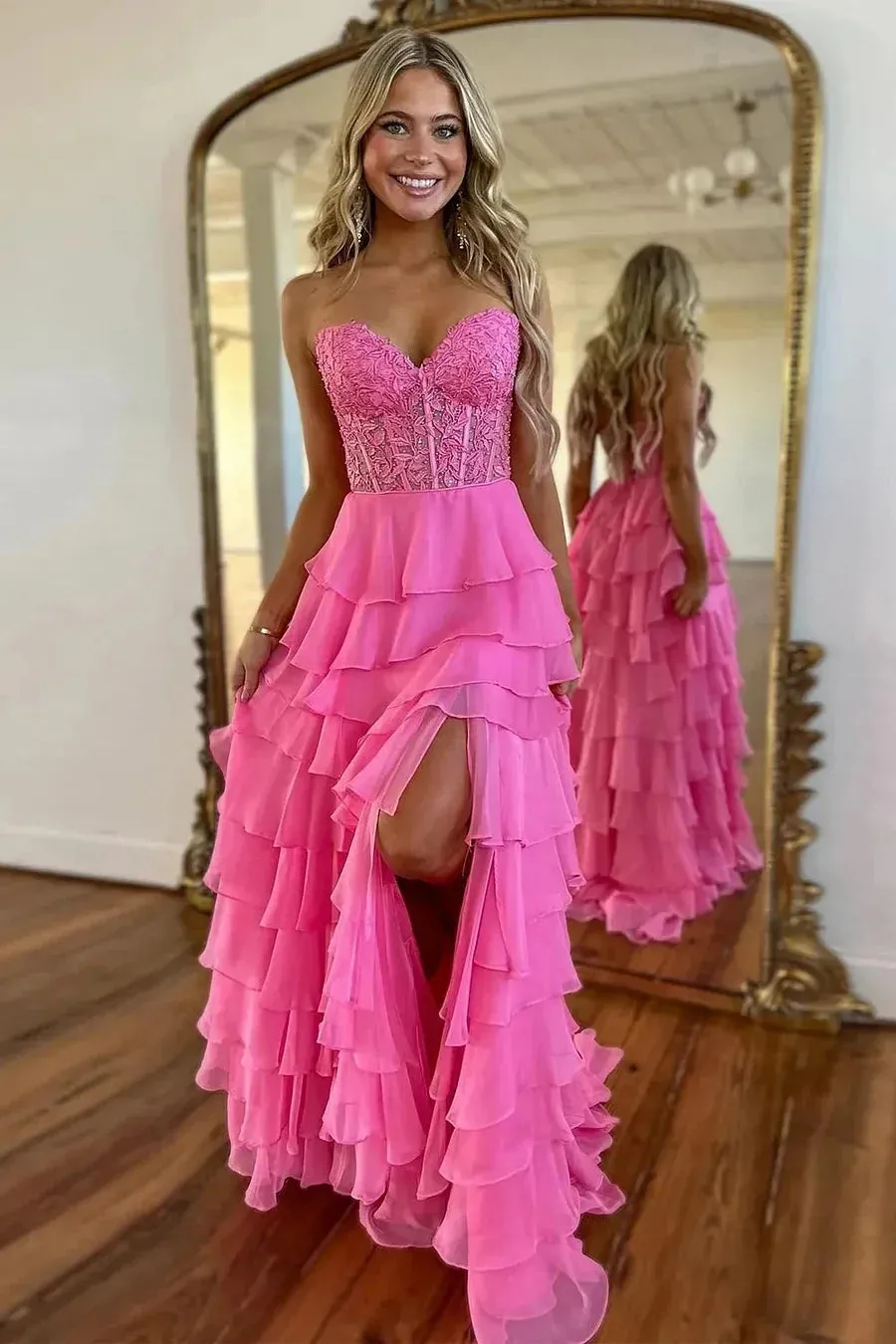 Long Tiered Pink Formal Dresses Corset Lace Prom Dress A-Line sold by My Chic Dress