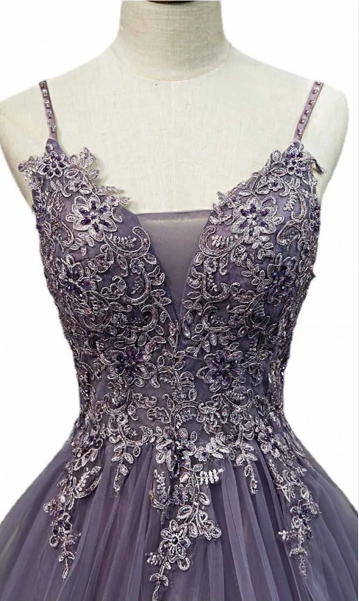 V Neck Semi Formal Dresses Purple Tiered Lace A-line Prom Dress sold by My Chic Dress